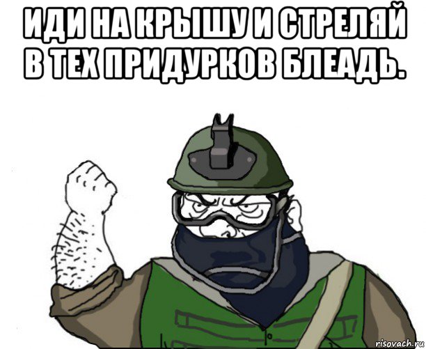 иди на крышу и стреляй в тех придурков блеадь. , Мем Будь мужиком в маске блеать