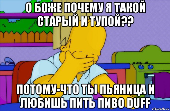 о боже почему я такой старый и тупой?? потому-что ты пьяница и любишь пить пиво duff, Мем Homer simpson facepalm