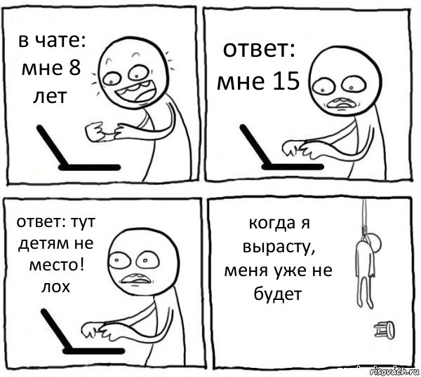 в чате: мне 8 лет ответ: мне 15 ответ: тут детям не место! лох когда я вырасту, меня уже не будет, Комикс интернет убивает