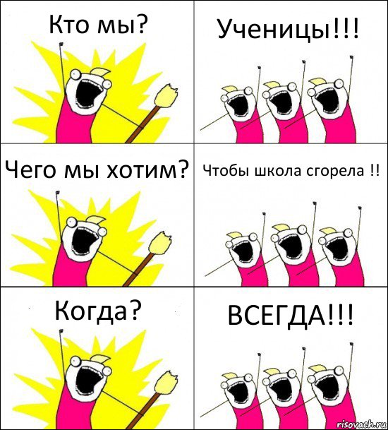 Кто мы? Ученицы!!! Чего мы хотим? Чтобы школа сгорела !! Когда? ВСЕГДА!!!