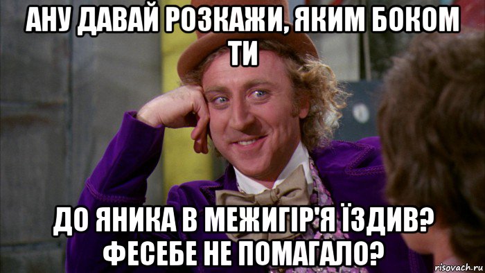 ану давай розкажи, яким боком ти до яника в межигір'я їздив? фесебе не помагало?, Мем Ну давай расскажи (Вилли Вонка)