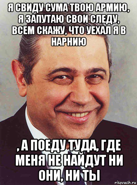 я свиду сума твою армию, я запутаю свои следу, всем скажу, что уехал я в нарнию , а поеду туда, где меня не найдут ни они, ни ты, Мем петросян