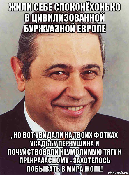 жили себе споконёхонько в цивилизованной буржуазной европе , но вот увидали на твоих фотках усадьбу первушина и почуйствовали неумолимую тягу к прекрааасному - захотелось побывать в мира жопе!, Мем петросян