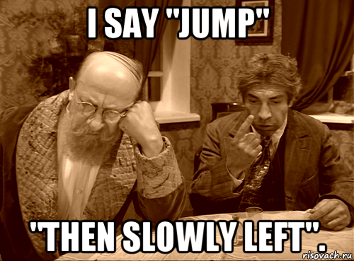 i say "jump" "then slowly left"., Мем Шариков