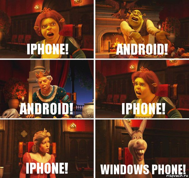 iPHONE! ANDROID! ANDROID! IPHONE! IPHONE! WINDOWS PHONE!, Комикс  Шрек Фиона Гарольд Осел