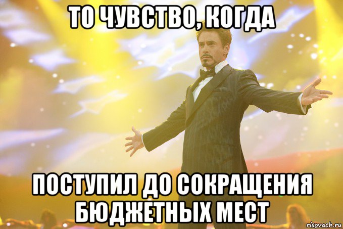 то чувство, когда поступил до сокращения бюджетных мест, Мем Тони Старк (Роберт Дауни младший)