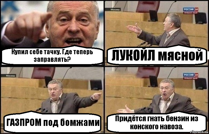 Купил себе тачку. Где теперь заправлять? ЛУКОЙЛ мясной ГАЗПРОМ под бомжами Придётся гнать бензин из конского навоза., Комикс Жириновский