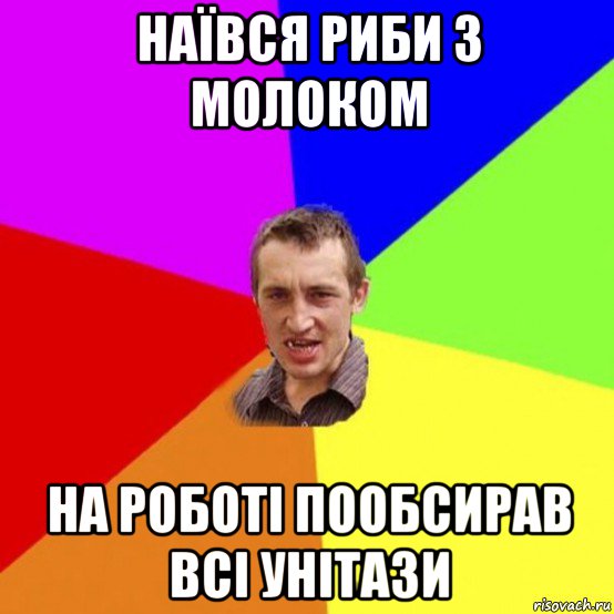 наївся риби з молоком на роботі пообсирав всі унітази