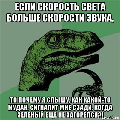 если скорость света больше скорости звука, то почему я слышу, как какой-то мудак, сигналит мне сзади, когда зеленый еще не загорелся?!, Мем Филосораптор