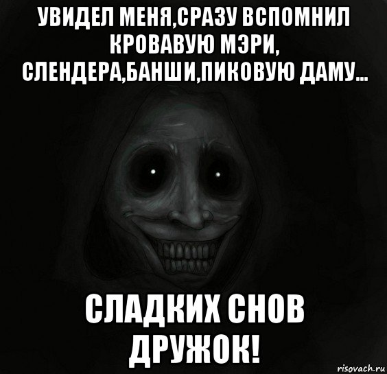 увидел меня,сразу вспомнил кровавую мэри, слендера,банши,пиковую даму... сладких снов дружок!, Мем Ночной гость