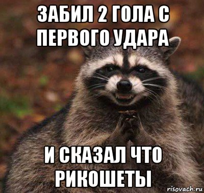 забил 2 гола с первого удара и сказал что рикошеты, Мем  Хитрый енот