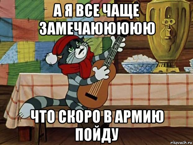 а я все чаще замечаююююю что скоро в армию пойду, Мем Кот Матроскин с гитарой