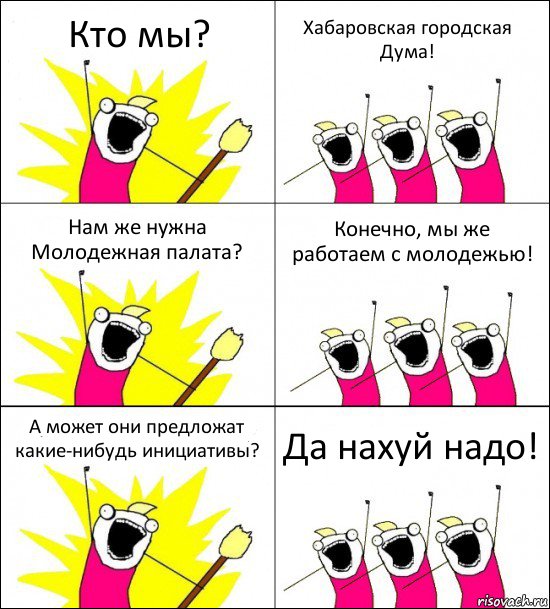 Кто мы? Хабаровская городская Дума! Нам же нужна Молодежная палата? Конечно, мы же работаем с молодежью! А может они предложат какие-нибудь инициативы? Да нахуй надо!, Комикс кто мы