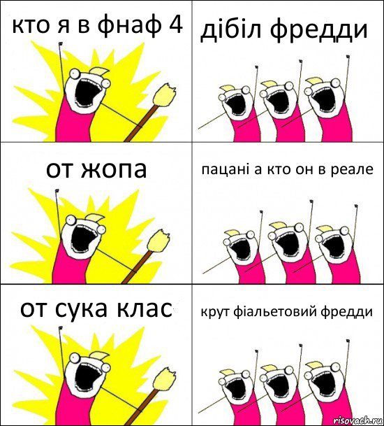 кто я в фнаф 4 дібіл фредди от жопа пацані а кто он в реале от сука клас крут фіальетовий фредди