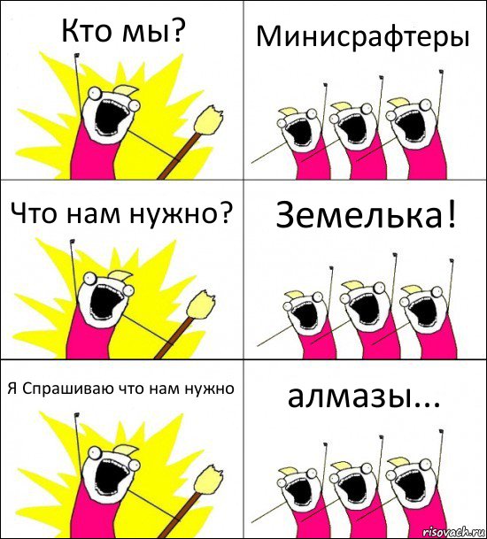 Кто мы? Минисрафтеры Что нам нужно? Земелька! Я Спрашиваю что нам нужно алмазы...