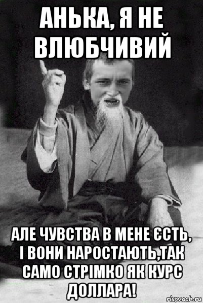 анька, я не влюбчивий але чувства в мене єсть, і вони наростають,так само стрімко як курс доллара!, Мем Мудрий паца