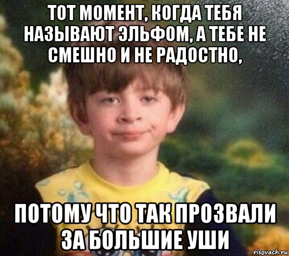 тот момент, когда тебя называют эльфом, а тебе не смешно и не радостно, потому что так прозвали за большие уши, Мем Недовольный пацан