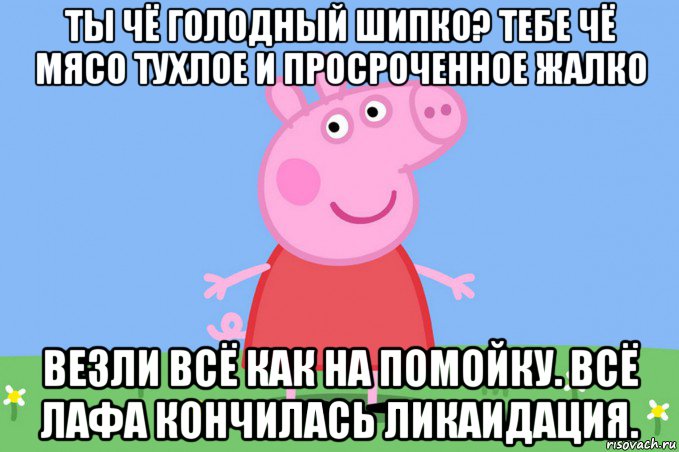 ты чё голодный шипко? тебе чё мясо тухлое и просроченное жалко везли всё как на помойку. всё лафа кончилась ликаидация., Мем Пеппа