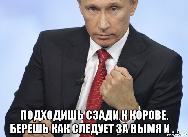  подходишь сзади к корове, берешь как следует за вымя и . ., Мем Путин показывает кулак