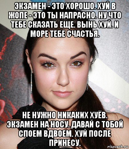 экзамен - это хорошо. хуй в жопе - это ты напрасно. ну что тебе сказать еще. вынь хуй. и море тебе счастья. не нужно никаких хуёв. экзамен на носу. давай с тобой споем вдвоем. хуй после принесу., Мем  Саша Грей улыбается