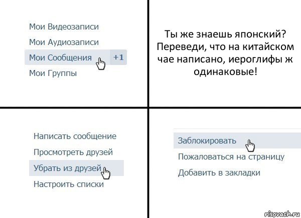 Ты же знаешь японский? Переведи, что на китайском чае написано, иероглифы ж одинаковые!, Комикс  Удалить из друзей