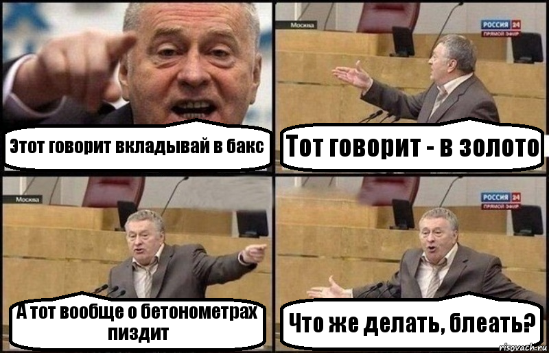 Этот говорит вкладывай в бакс Тот говорит - в золото А тот вообще о бетонометрах пиздит Что же делать, блеать?, Комикс Жириновский