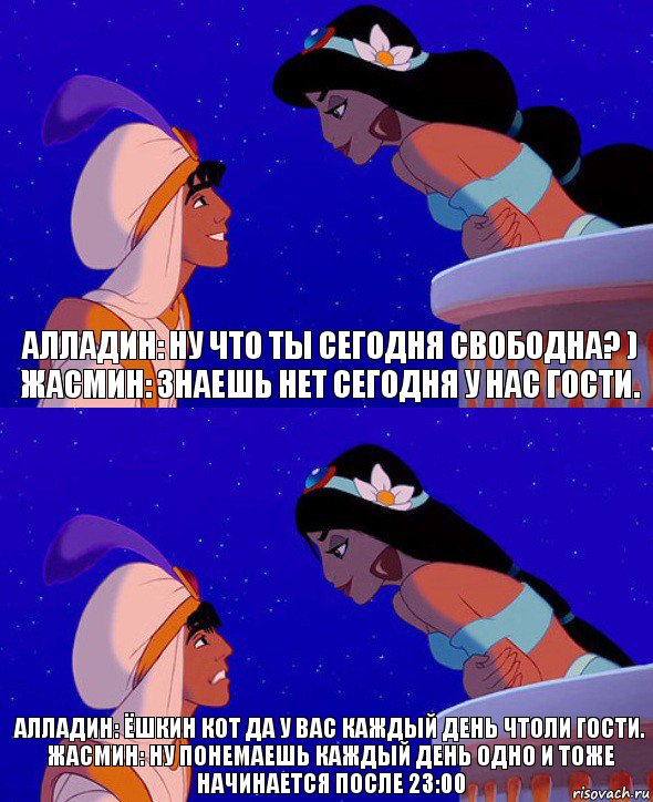 Алладин: Ну что ты сегодня свободна? )
Жасмин: Знаешь нет сегодня у нас гости. Алладин: Ёшкин кот да у вас каждый день чтоли гости.
Жасмин: Ну понемаешь каждый день одно и тоже начинается после 23:00