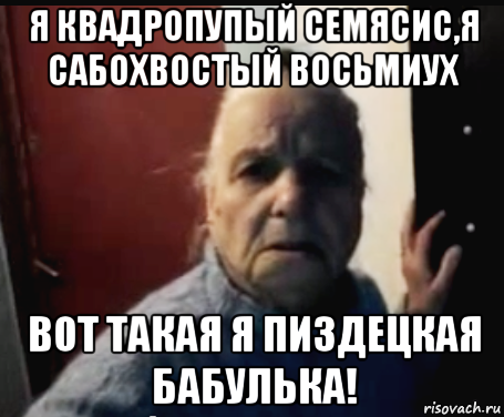 я квадропупый семясис,я сабохвостый восьмиух вот такая я пиздецкая бабулька!