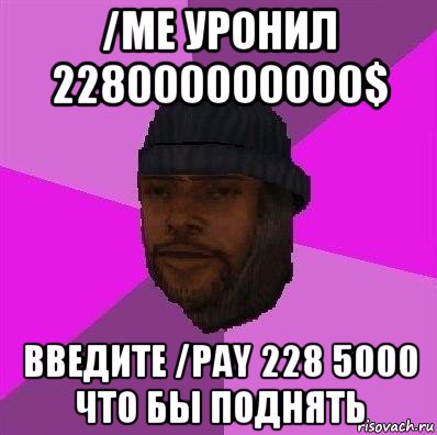 /me уронил 228000000000$ введите /pay 228 5000 что бы поднять