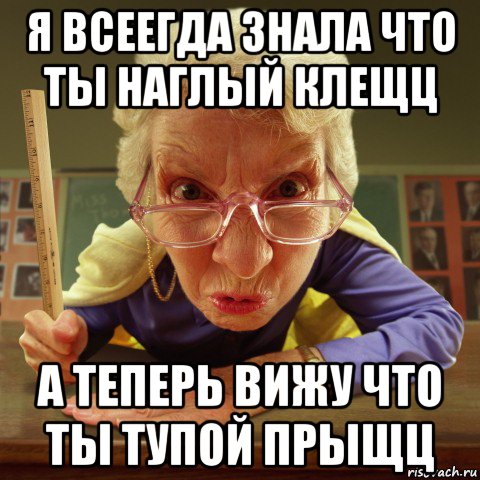 я всеегда знала что ты наглый клещц а теперь вижу что ты тупой прыщц, Мем Злая училка