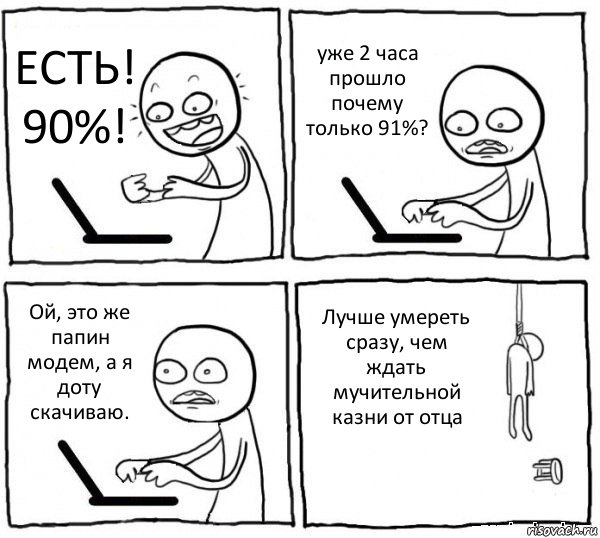 ЕСТЬ! 90%! уже 2 часа прошло почему только 91%? Ой, это же папин модем, а я доту скачиваю. Лучше умереть сразу, чем ждать мучительной казни от отца, Комикс интернет убивает