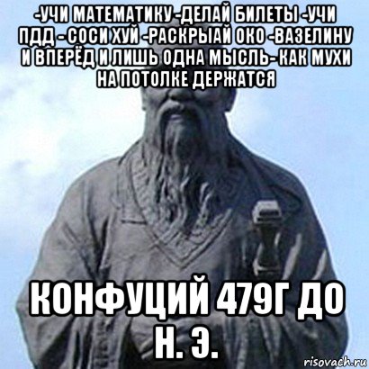 -учи математику -делай билеты -учи пдд - соси хуй -раскрыай око -вазелину и вперёд и лишь одна мысль- как мухи на потолке держатся конфуций 479г до н. э., Мем  конфуций