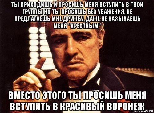 ты приходишь и просишь меня вступить в твои группы но ты просишь без уважения, не предлагаешь мне дружбу, даже не называешь меня "крестным" вместо этого ты просишь меня вступить в красивый воронеж, Мем крестный отец