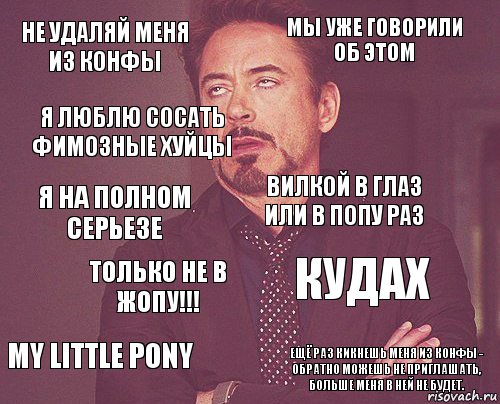 Не удаляй меня из конфы Мы уже говорили об этом Я на полном серьезе My Little Pony Кудах Вилкой в глаз или в попу раз Только не в жопу!!! Ещё раз кикнешь меня из конфы - обратно можешь не приглашать, больше меня в ней не будет. Я люблю сосать фимозные хуйцы , Комикс мое лицо