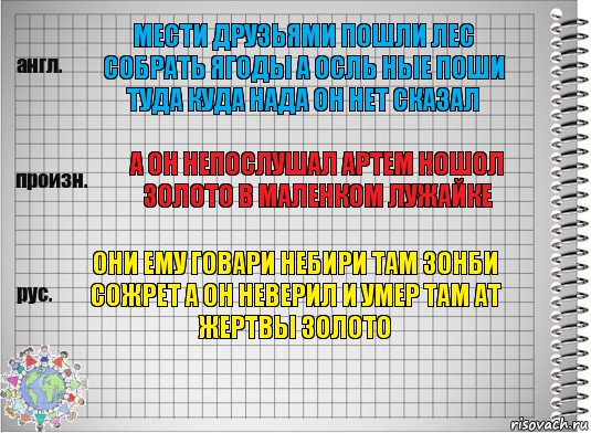 мести друзьями пошли лес собрать ягоды а осль ные поши туда куда нада он нет сказал а он непослушал артем ношол золото в маленком лужайке они ему говари небири там зонби сожрет а он неверил и умер там ат жертвы золото