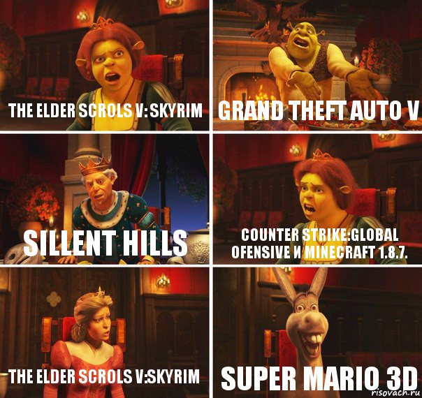 The Elder Scrols V: Skyrim Grand Theft Auto V Sillent Hills Counter Strike:Global Ofensive и minecraft 1.8.7. The Elder Scrols V:Skyrim Super Mario 3D, Комикс  Шрек Фиона Гарольд Осел