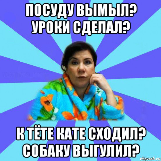 посуду вымыл? уроки сделал? к тёте кате сходил? собаку выгулил?, Мем типичная мама