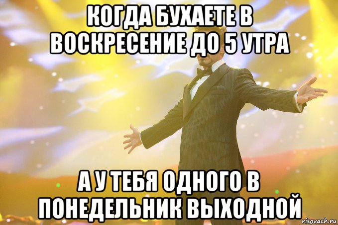 когда бухаете в воскресение до 5 утра а у тебя одного в понедельник выходной, Мем Тони Старк (Роберт Дауни младший)