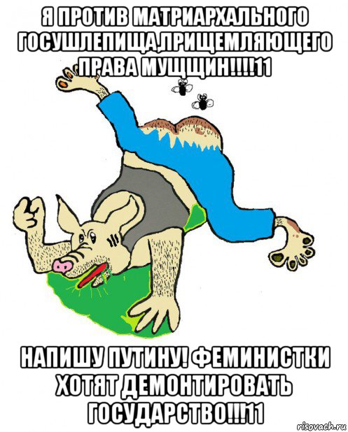 я против матриархального госушлепища,прищемляющего права мущщин!!!!11 напишу путину! феминистки хотят демонтировать государство!!!11