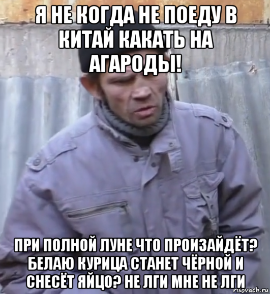 я не когда не поеду в китай какать на агароды! при полной луне что произайдёт? белаю курица станет чёрной и снесёт яйцо? не лги мне не лги, Мем  Ты втираешь мне какую то дичь