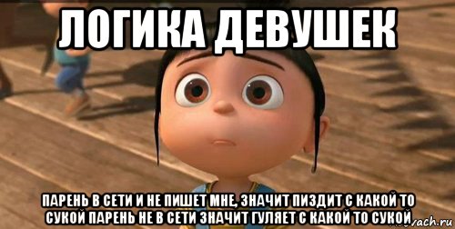 логика девушек парень в сети и не пишет мне, значит пиздит с какой то сукой парень не в сети значит гуляет с какой то сукой, Мем    Агнес Грю