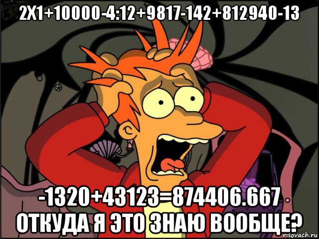 2х1+10000-4:12+9817-142+812940-13 -1320+43123=874406.667 откуда я это знаю вообще?, Мем Фрай в панике