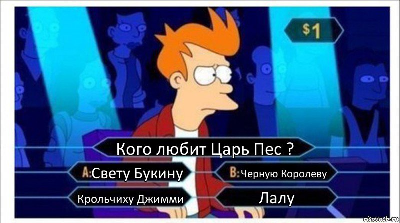 Кого любит Царь Пес ? Свету Букину Черную Королеву Крольчиху Джимми Лалу, Комикс  фрай кто хочет стать миллионером