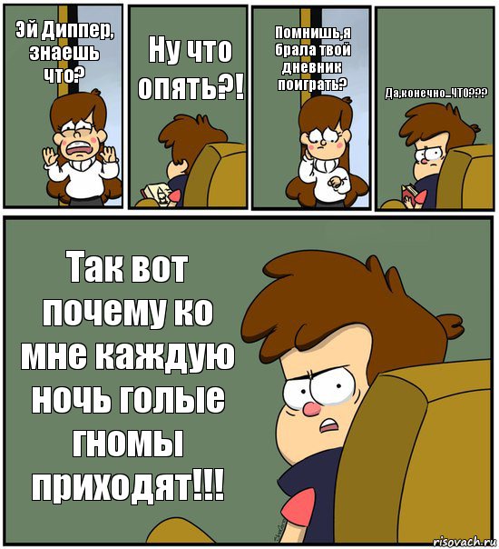 Эй Диппер, знаешь что? Ну что опять?! Помнишь,я брала твой дневник поиграть? Да,конечно...ЧТО??? Так вот почему ко мне каждую ночь голые гномы приходят!!!, Комикс   гравити фолз