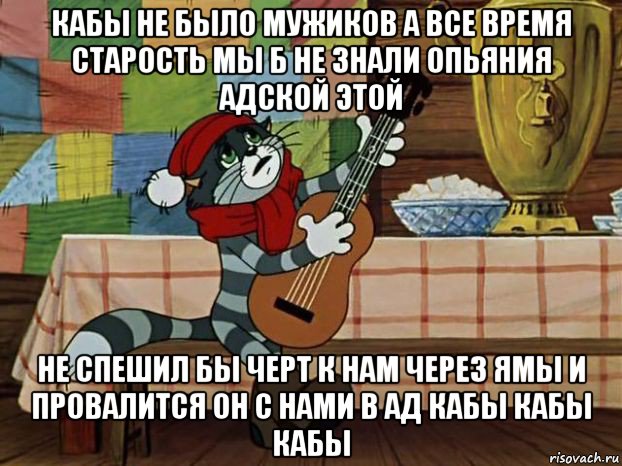 кабы не было мужиков а все время старость мы б не знали опьяния адской этой не спешил бы черт к нам через ямы и провалится он с нами в ад кабы кабы кабы, Мем Кот Матроскин с гитарой