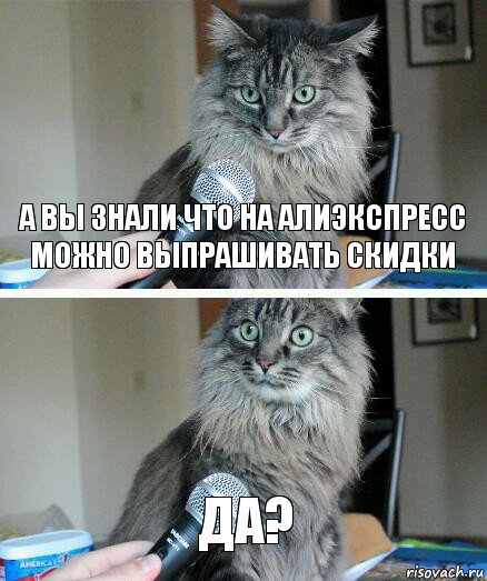 А ВЫ ЗНАЛИ ЧТО НА АЛИЭКСПРЕСС МОЖНО ВЫПРАШИВАТЬ СКИДКИ ДА?, Комикс  кот с микрофоном