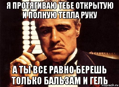 я протягиваю тебе открытую и полную тепла руку а ты все равно берешь только бальзам и гель, Мем крестный отец