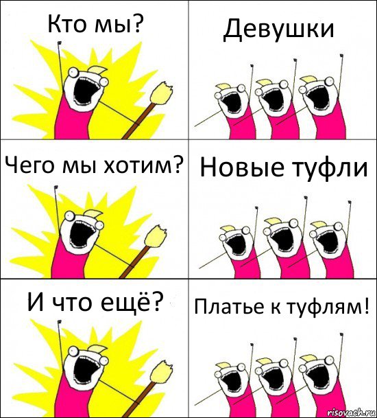 Кто мы? Девушки Чего мы хотим? Новые туфли И что ещё? Платье к туфлям!