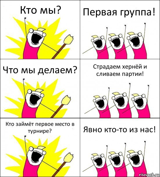 Кто мы? Первая группа! Что мы делаем? Страдаем хернёй и сливаем партии! Кто займёт первое место в турнире? Явно кто-то из нас!, Комикс кто мы