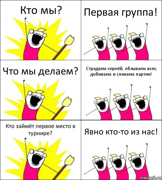 Кто мы? Первая группа! Что мы делаем? Страдаем хернёй, обзываем всех, добиваем и сливаем партии! Кто займёт первое место в турнире? Явно кто-то из нас!, Комикс кто мы